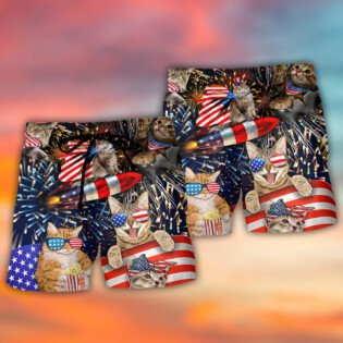 Cat Independence Day Happy Firework - Beach Short - Owl Ohh - Owl Ohh