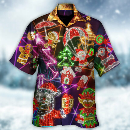 Christmas Funny Santa Claus Tree Elf Gingerbread Neon Light Style - Hawaiian Shirt - Owl Ohh - Owl Ohh