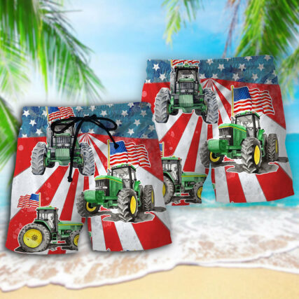 Tractor Independence Day Watercolor Tractor US Flag - Beach Short - Owl Ohh - Owl Ohh