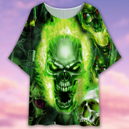 Skull Green Fear No Man - Women's T-shirt With Bat Sleeve - Owl Ohh - Owl Ohh