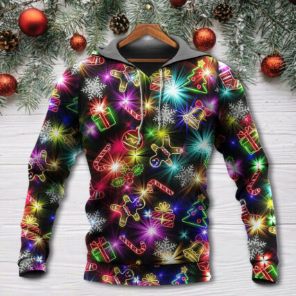 Christmas With Tree And Gift Cookies Gingerbread Man Neon Style - Hoodie - Owl Ohh - Owl Ohh