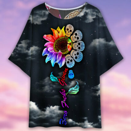 Skull Sunflower Colorful Sky Night - Women's T-shirt With Bat Sleeve - Owl Ohh - Owl Ohh