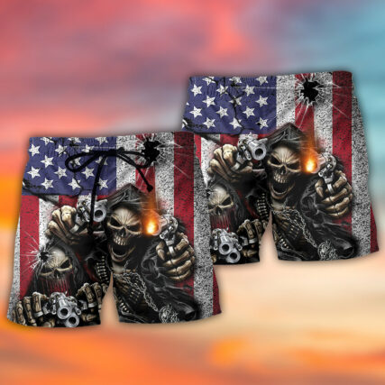 Skull Shot Gun American Flag Vintage - Beach Short - Owl Ohh - Owl Ohh