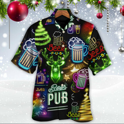 Beer Christmas Neon Art Drinking - Hawaiian Shirt - Owl Ohh - Owl Ohh