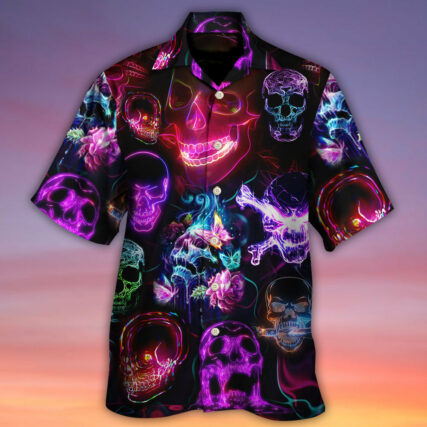 Skull Neon Art Happy Holiday - Hawaiian Shirt - Owl Ohh for men and women, kids - Owl Ohh