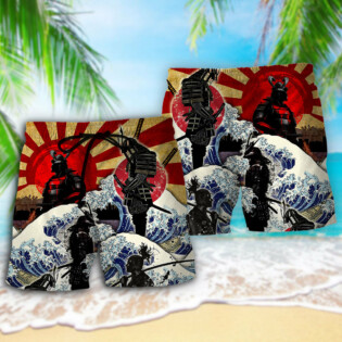 Samurai Red Sun And Wave Art - Beach Short - Owl Ohh - Owl Ohh