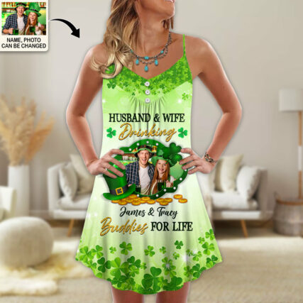 ST Patrick's Day Husband And Wife Dinking Buddies For Life Custom Photo Personalized - V-neck Sleeveless Cami Dress - Personalized Photo Gifts - Owl Ohh