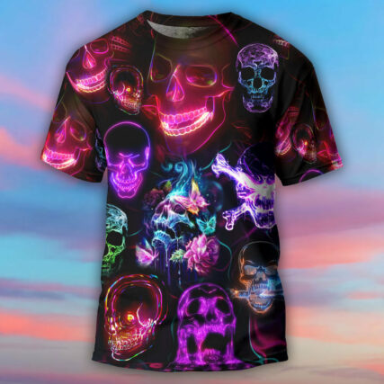 Skull Neon Art Happy Holiday - Round Neck T-shirt - Owl Ohh - Owl Ohh