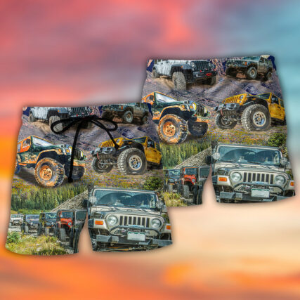 Jeep In The Moutain Sunset Vintage Art Style - Beach Short - Owl Ohh - Owl Ohh