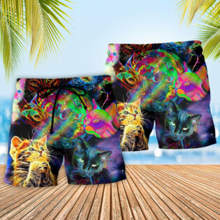 Cat Psychedelic Glowing Galaxy Neon - Beach Short - Owl Ohh - Owl Ohh