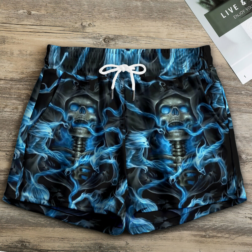 Skull Black Ground Blue Lighting - Women's Casual Shorts - Owl Ohh - Owl Ohh