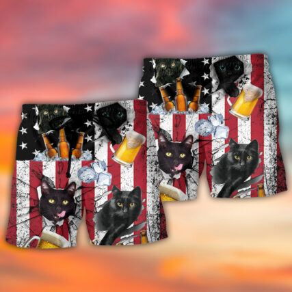 Beer And Black Cat American Flag Vintage - Beach Short - Owl Ohh - Owl Ohh