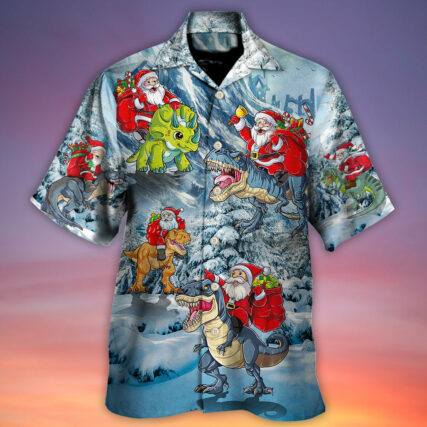 Christmas Santa Claus Riding Dinosaur Christmas Tree Gift Light Art Style - Hawaiian Shirt - Owl Ohh - Owl Ohh