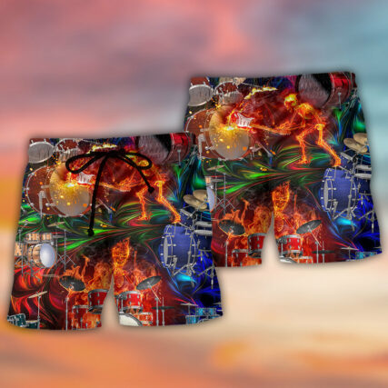 Drum Is My Life Fire Skull Colorful Style - Beach Short - Owl Ohh - Owl Ohh