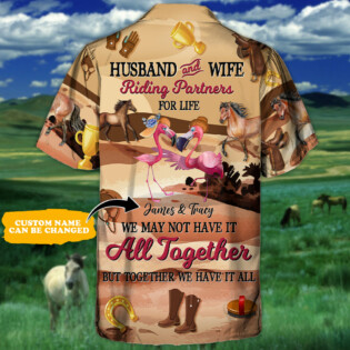 Horse Riding Flamingo Husband And Wife Riding Partners For Life Personalized - Hawaiian Shirt - Personalized Photo Gifts for men and women, kids - Owl Ohh