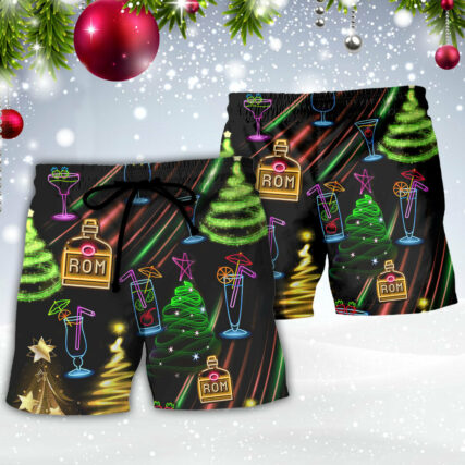 Wine Rum Christmas Neon Art Drinking - Beach Short - Owl Ohh - Owl Ohh
