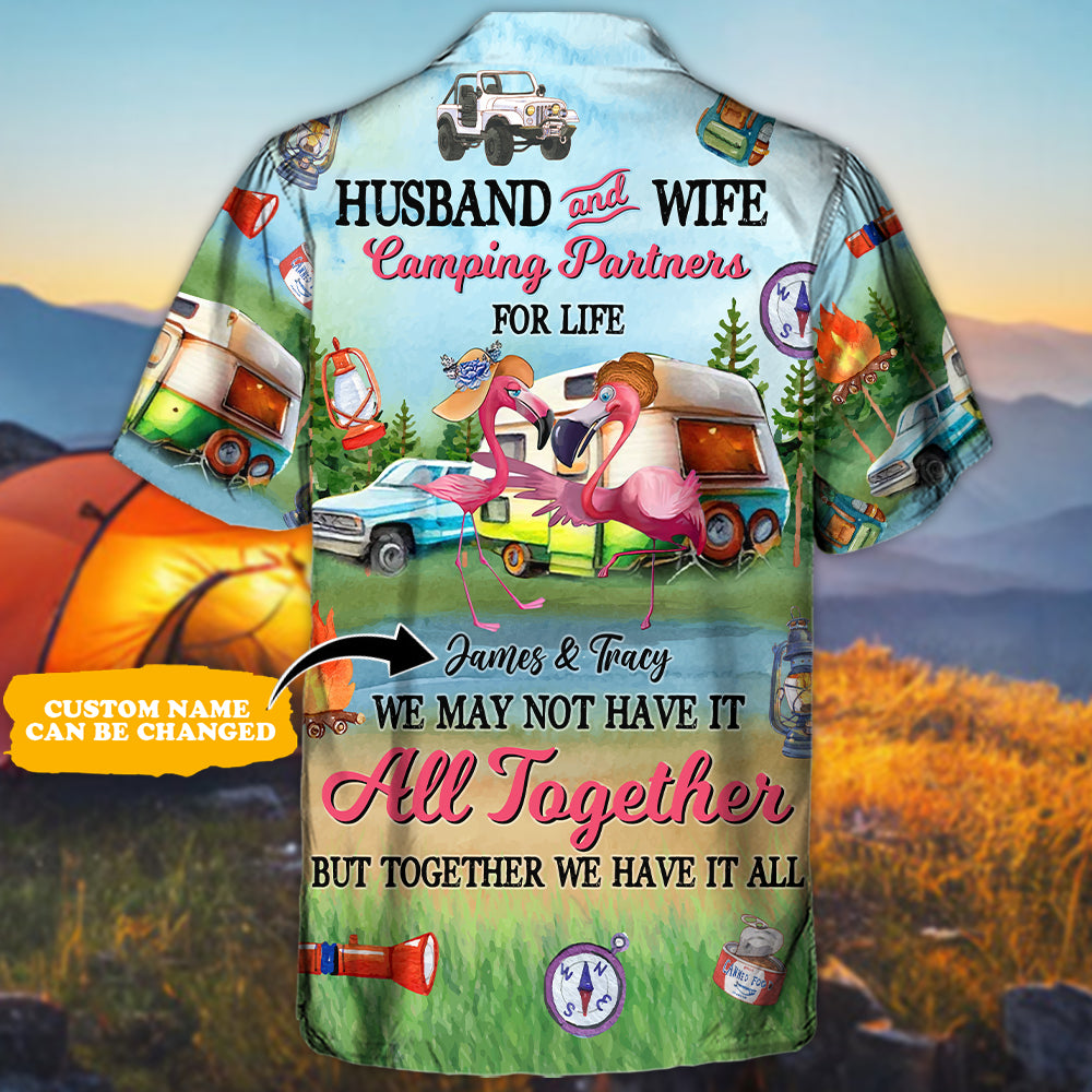 Camping Flamingo Husband And Wife Camping Partners For Life Personalized - Hawaiian Shirt - Personalized Photo Gifts for men and women, kids - Owl Ohh