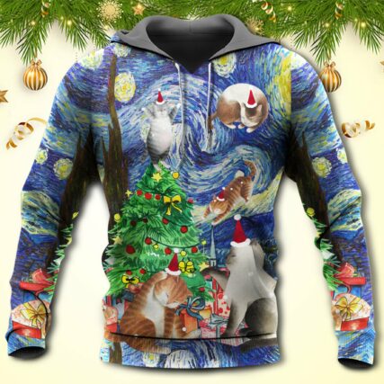 Christmas Cat Playing In Starry Night - Hoodie - Owl Ohh - Owl Ohh