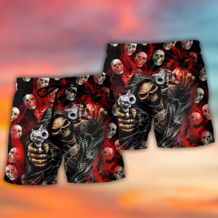 Skull Dark Gun Red Smoke Lighting - Beach Short - Owl Ohh - Owl Ohh