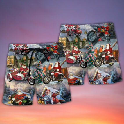 Christmas Santa Claus Driving Motorcycle Bike Gift Light Art Style - Beach Short - Owl Ohh - Owl Ohh