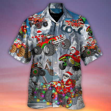 Christmas Santa Claus Riding Red Truck Snow Mountain Art Style - Hawaiian Shirt - Owl Ohh - Owl Ohh