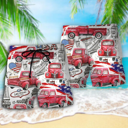 Truck Red USA Flag Independence Day - Beach Short - Owl Ohh - Owl Ohh