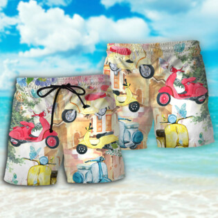 Scooter And Flowers Watercolor Art - Beach Short - Owl Ohh - Owl Ohh