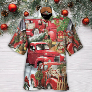 Christmas Red Truck With Xmas Tree And Little Puppy - Hawaiian Shirt - Owl Ohh for men and women, kids - Owl Ohh