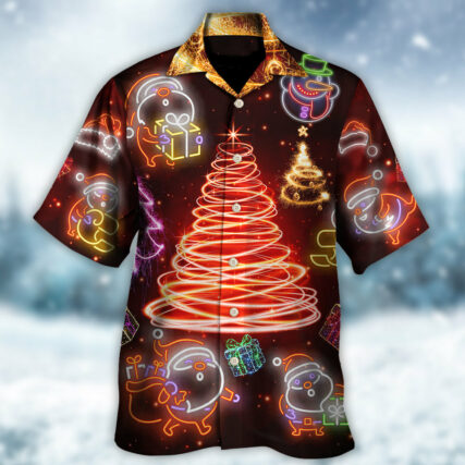 Christmas Funny Santa Claus Tree Red Neon Light Style - Hawaiian Shirt - Owl Ohh - Owl Ohh
