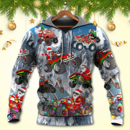 Christmas Funny Santa Claus Riding Red Truck Snow Mountain - Hoodie - Owl Ohh - Owl Ohh