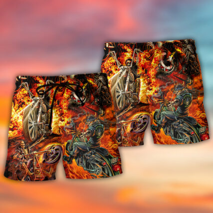 Motorcycle Lover Skull Fire Burning Art Style - Beach Short - Owl Ohh - Owl Ohh