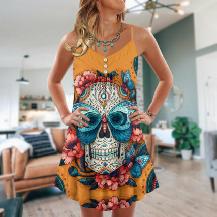 Skull And Butterfly Abstract Vintage Colorful - V-neck Sleeveless Cami Dress - Owl Ohh - Owl Ohh