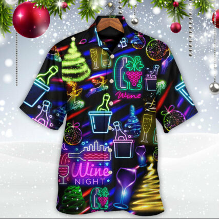 Wine Christmas Neon Art Drinking - Hawaiian Shirt - Owl Ohh - Owl Ohh