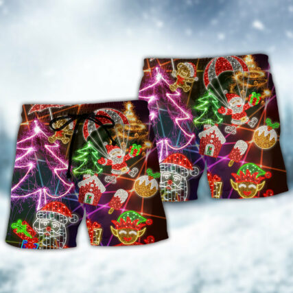 Christmas Funny Santa Claus Tree Elf Gingerbread Neon Light Style - Beach Short - Owl Ohh - Owl Ohh