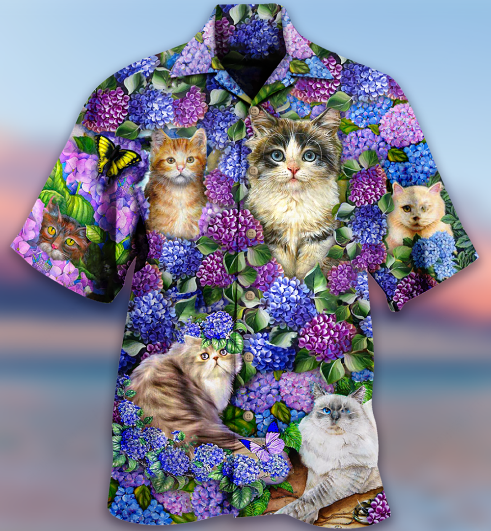 Cat Lovely And Purple Flowers - Hawaiian Shirt - Owl Ohh - Owl Ohh