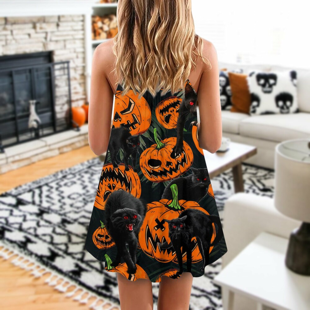 Halloween Black Cat Pumpkin Scary Tropical - V-neck Sleeveless Cami Dress - Owl Ohh - Owl Ohh
