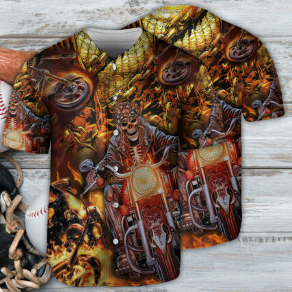 Motorcycle Skull Racing With Flame Art - Baseball Jersey - Owl Ohh - Owl Ohh