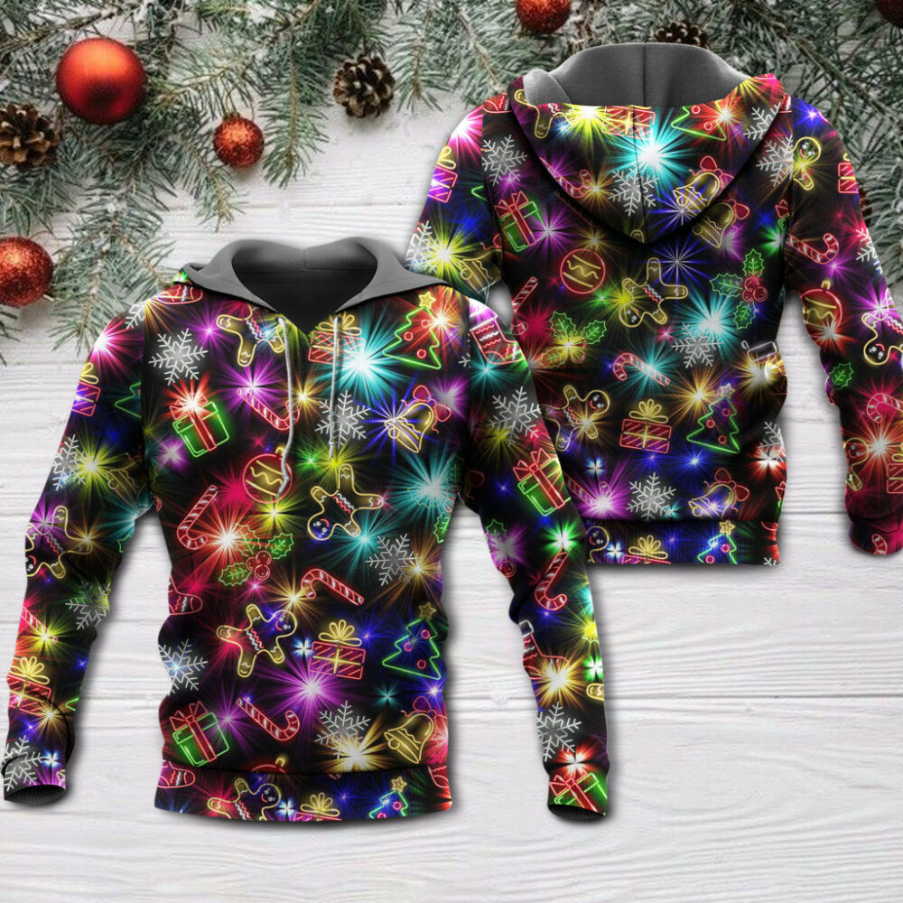 Christmas With Tree And Gift Cookies Gingerbread Man Neon Style - Hoodie - Owl Ohh - Owl Ohh