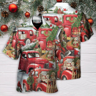 Christmas Red Truck With Xmas Tree And Little Puppy - Hawaiian Shirt - Owl Ohh for men and women, kids - Owl Ohh