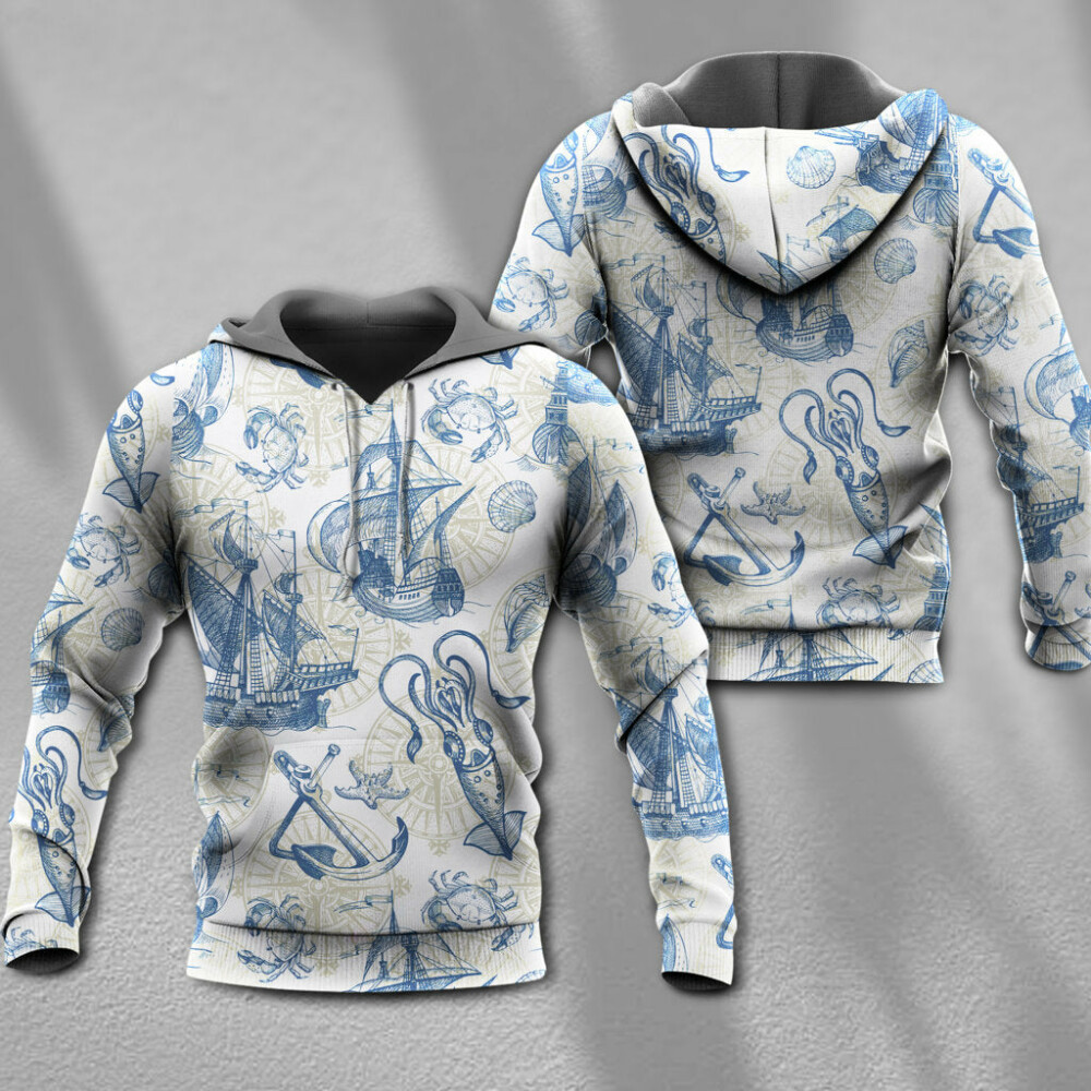 Ocean Life Vintage Sailboat Sea Monster Geographical Maps - Hoodie - Owl Ohh - Owl Ohh