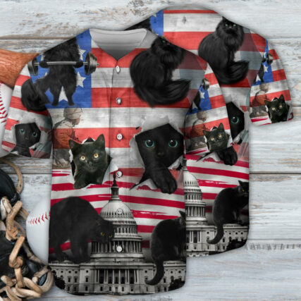 Black Cat Independence Day America - Baseball Jersey - Owl Ohh - Owl Ohh