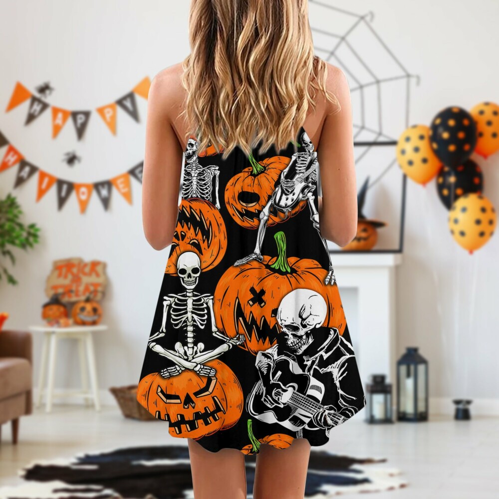 Halloween Skeleton Pumpkin Scary - V-neck Sleeveless Cami Dress - Owl Ohh - Owl Ohh