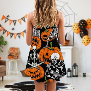 Halloween Skeleton Pumpkin Scary - V-neck Sleeveless Cami Dress - Owl Ohh - Owl Ohh
