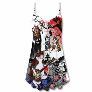 Cat Japanese Art Style - V-neck Sleeveless Cami Dress - Owl Ohh - Owl Ohh