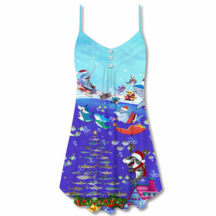 Christmas Santa Shark Sits On Rockets And Brings Gifts To Ocean - V-neck Sleeveless Cami Dress - Owl Ohh - Owl Ohh