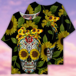 Skull Sunflower Pattern Style - Women's T-shirt With Bat Sleeve - Owl Ohh - Owl Ohh