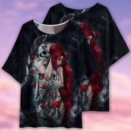 Skull Couple Love Rose Style - Women's T-shirt With Bat Sleeve - Owl Ohh - Owl Ohh