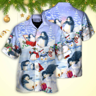 Christmas Penguin Family In Love Christmas Art Style - Hawaiian Shirt - Owl Ohh for men and women, kids - Owl Ohh