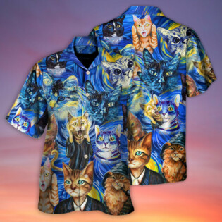 Cat Starry Night Funny Cat Painting Art Style - Hawaiian Shirt - Owl Ohh - Owl Ohh