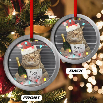 Christmas Cat Bad Santa Champagne And Santa Hat - Circle Ornament - Owl Ohh - Owl Ohh
